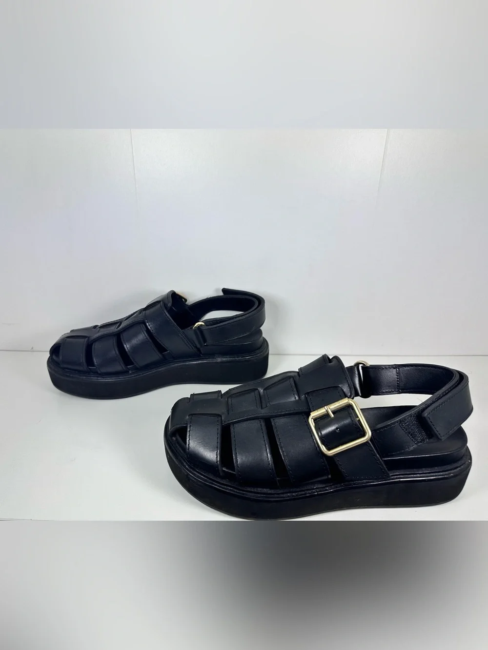 Loeffler Randall Black Leather Platform Fisherman Sandals with Gold Buckles - Picture 3 of 10